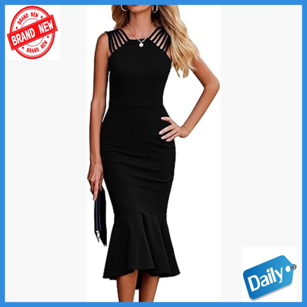 Sleeveless Midi Bodycon Dress Ruffle Hem Backless Formal Cocktail Party